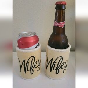Set 2 Wifey Beach Beer Drink Coozie Holder LGBTQ Boho Wedding Burlap Embroidered